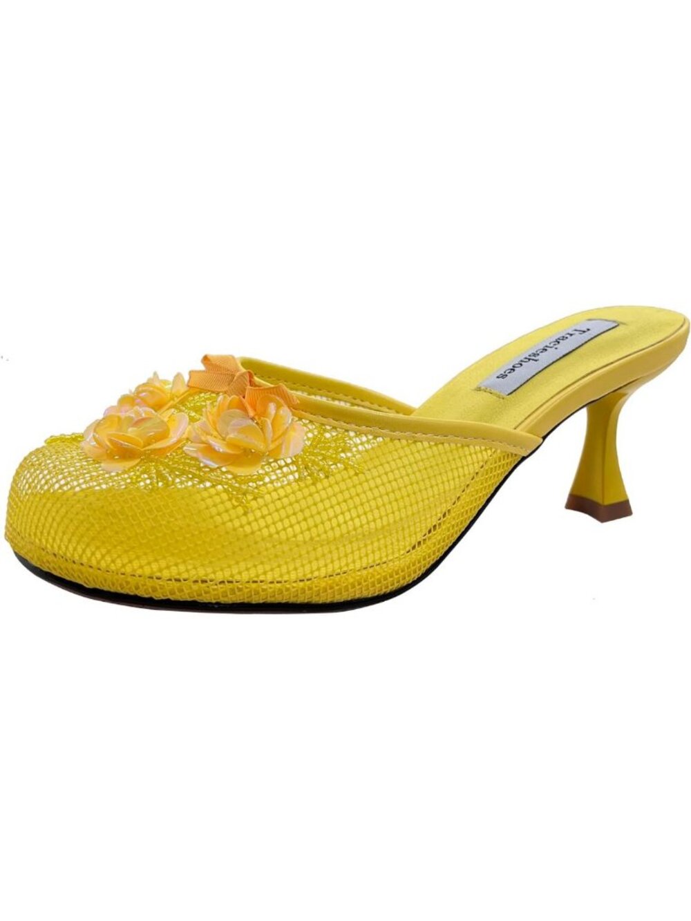 Elegant Floral Embellished Mesh Mule Heels - 2.5" Kitten Heel Slip-On Sandals
